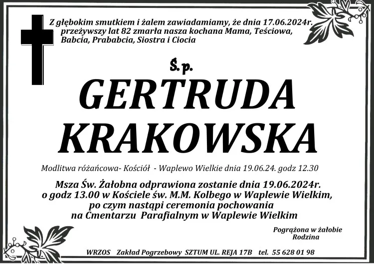 Zmarła Gertruda Krakowska. Miała 82 lata.