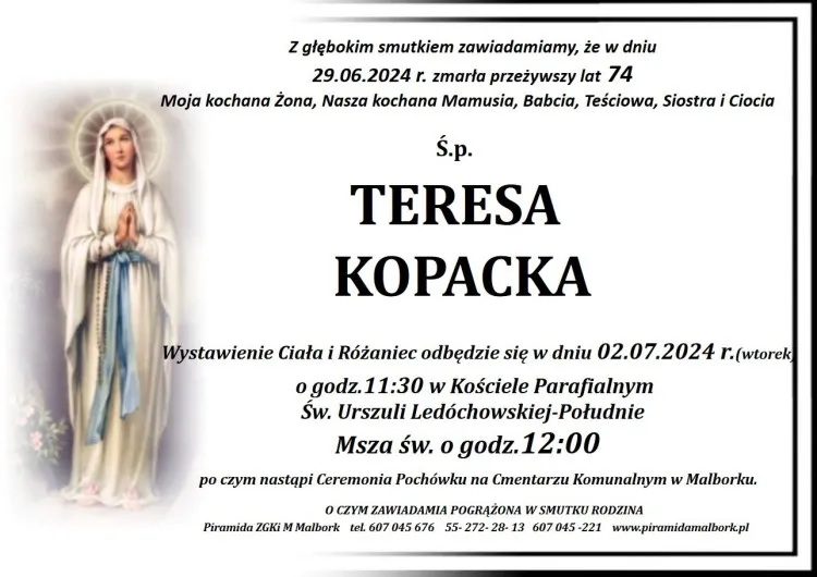 Zmarła Teresa Kopacka. Miała 74 lata.