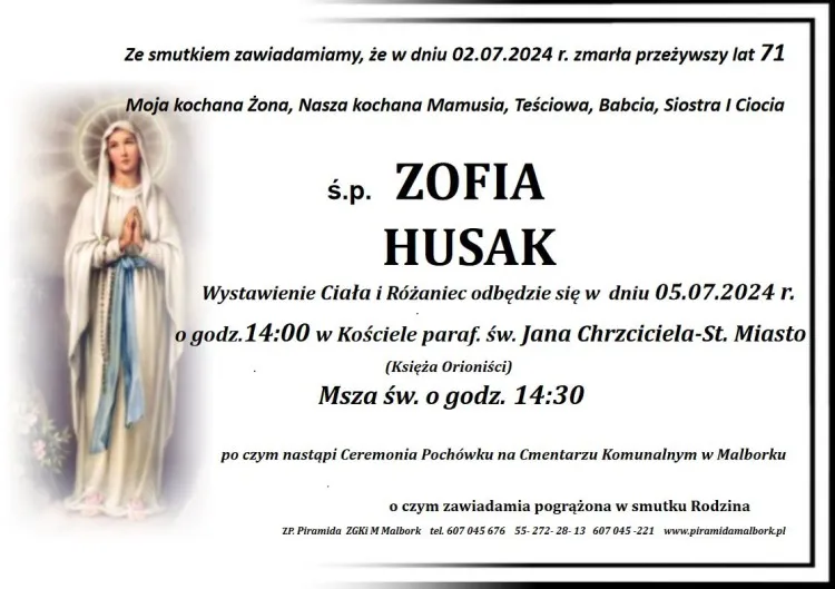 Zmarła Zofia Husak. Miała 71 lat.