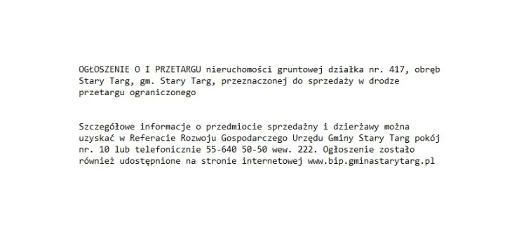 GMINA STARY TARG: OGŁOSZENIE O I PRZETARGU nieruchomości gruntowej działka&#8230;