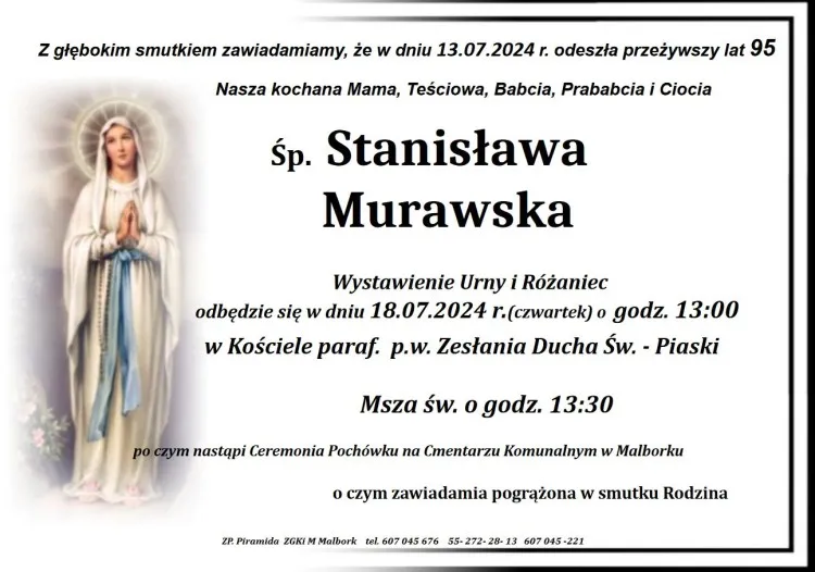 Zmarła Stanisława Murawska. Żyła 95 lat.