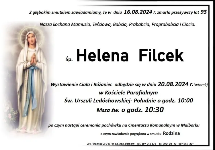 Zmarła Helena Filcek. Żyła 93 lata.