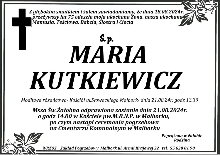 Zmarła Maria Kutkiewicz. Miała 75 lat.