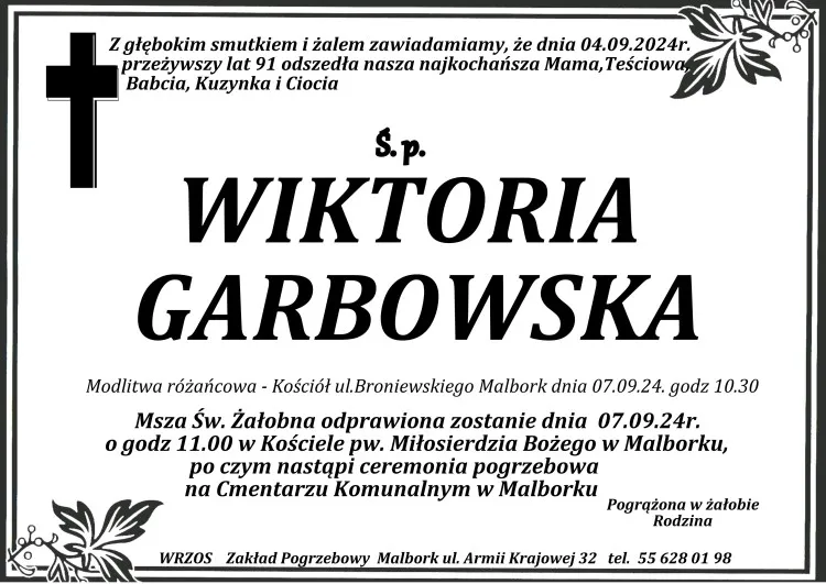 Zmarła Wiktoria Garbowska. Miała 91 lat.