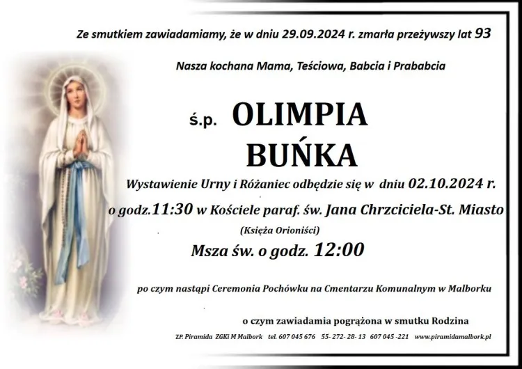 Zmarła Olimpia Buńka. Miała 93 lata.