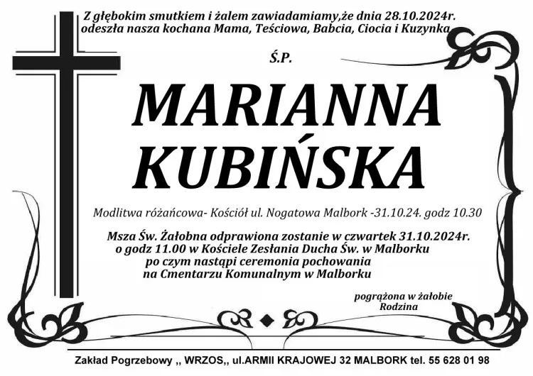 Zmarła Marianna Kubińska. 