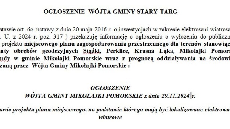 OGŁOSZENIE WÓJTA GMINY MIKOŁAJKI POMORSKIE z dnia 29.11.2024 r.  w sprawie projektu planu miejscowego, na podstawie którego mają być lokalizowane elektrownie wiatrowe