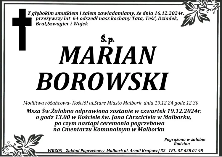 Zmarł Marian Borowski. Żył 64 lata.