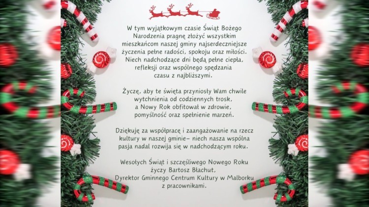 Świąteczno-noworoczne życzenia Dyrektora Gminnego Centrum Kultury w Malborku.