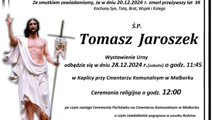 Zmarł Tomasz Jaroszek. Żył 39 lat.