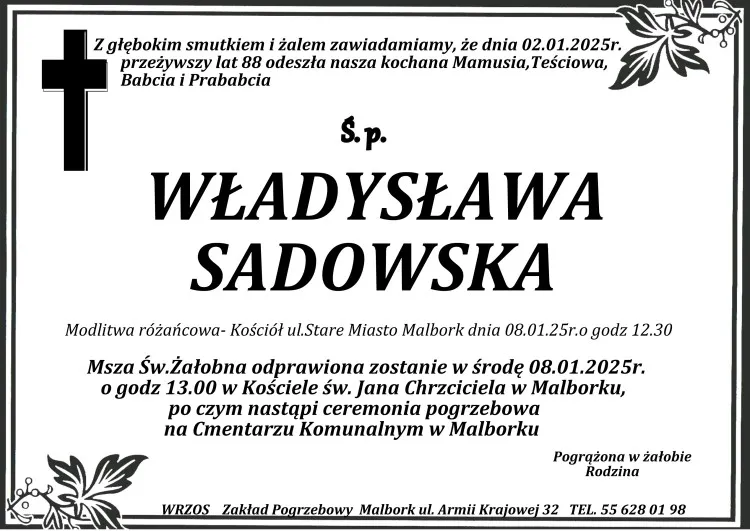 Zmarła Władysława Sadowska. Miała 88 lat.