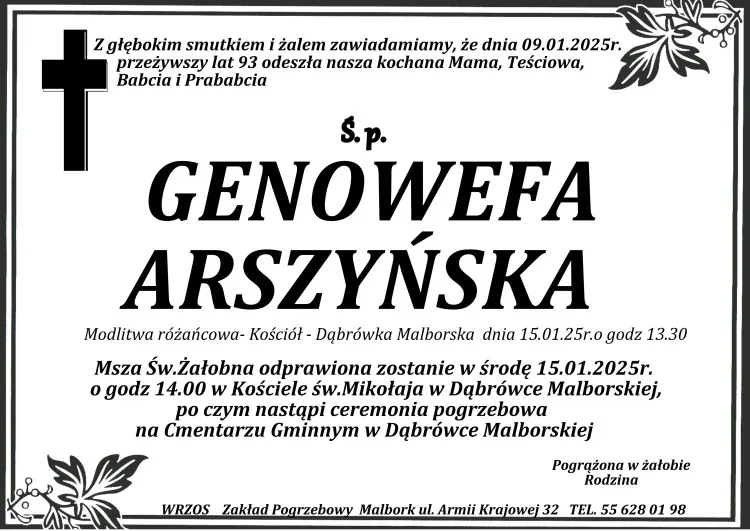 Zmarła Genowefa Arszyńska. Żyła 93 lata.