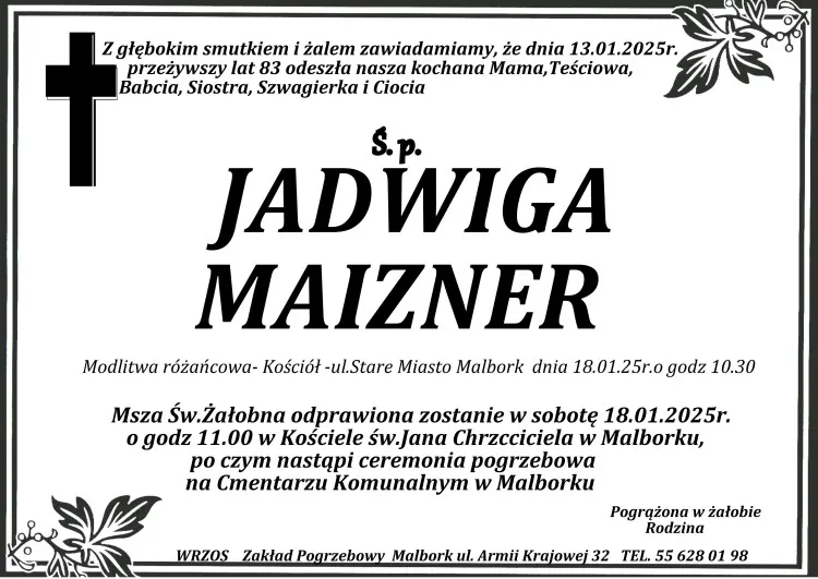 Zmarła Jadwiga Maizner. Miała 83 lata.