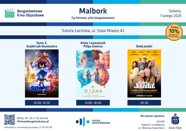Kleks i wynalazek Filipa Golarza, Dalej jazda i Sonic 3. Szybki jak błyskawica. Zapraszamy do Bezgotówkowego Kina Objazdowego w Malborku