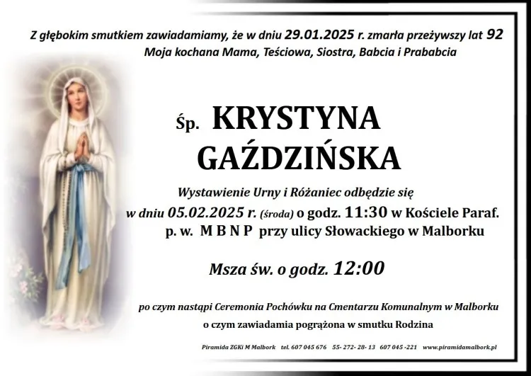 Zmarła Krystyna Gaździńska. Żyła 92 lata.