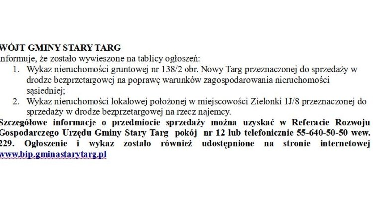 WÓJT GMINY STARY TARG: informuje, że zostało wywieszone na tablicy ogłoszeń - 25.02.2025