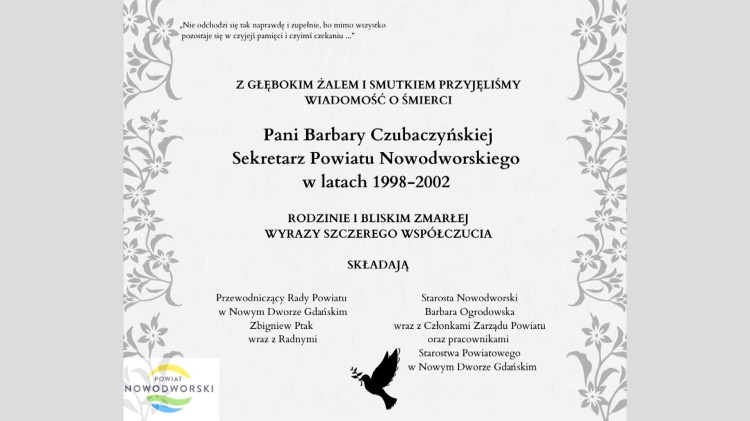 Kondolencje Zarządu Powiatu Nowodworskiego, Rady Powiatu Nowodworskiego…