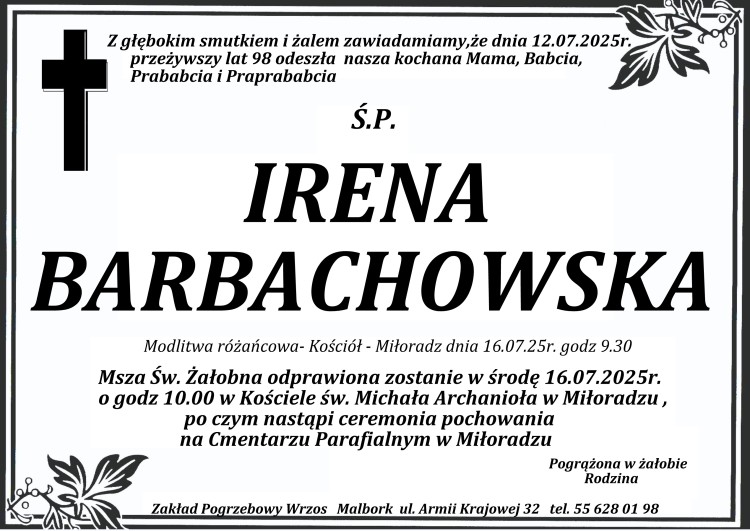 Zmarła Irena Barbachowska. Żyła 98 lat.