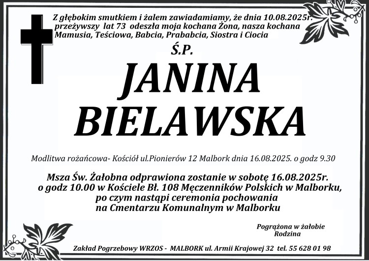 Zmarła Janina Bielawska. Miała 73 lata.