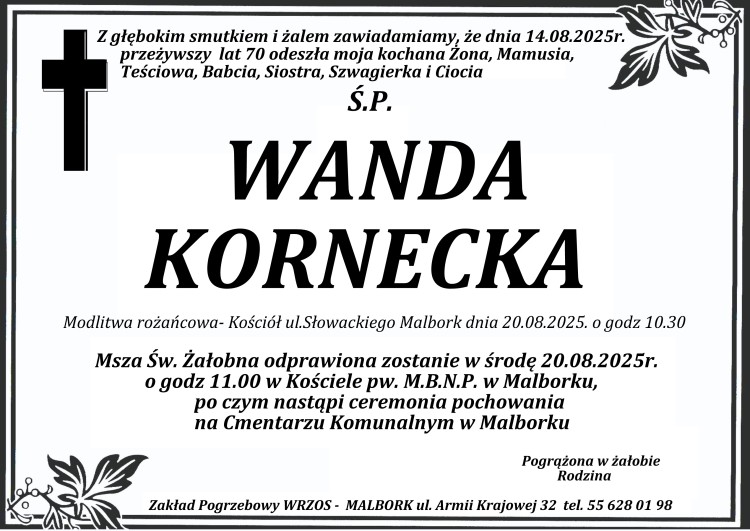 Zmarła Wanda Kornecka. Żyła 70 lat.
