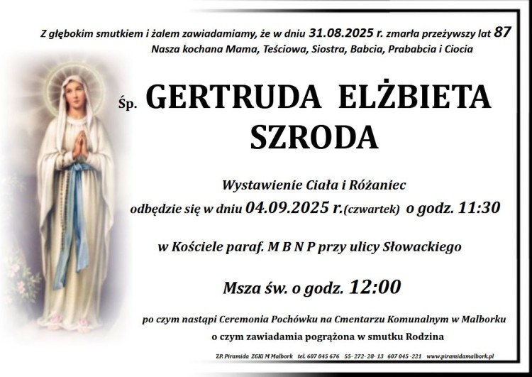 Zmarła Gertruda Elżbieta Szroda. Miała 87 lat.
