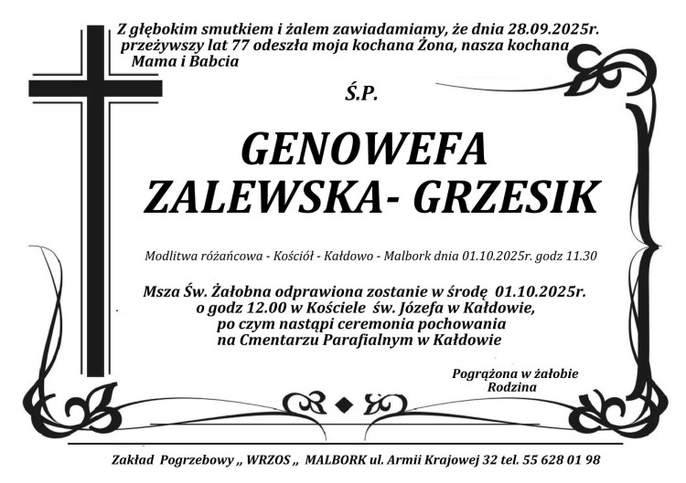 Zmarła Genowefa Zalewska - Grzesik. Miała 77 lat.