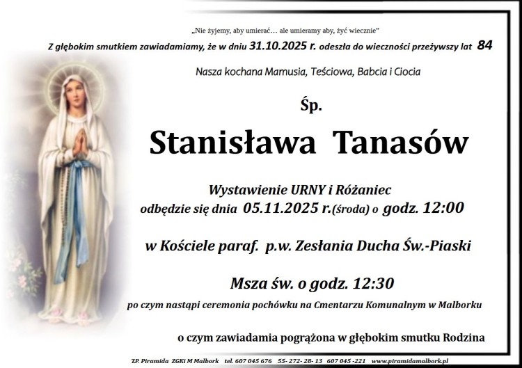 Zmarła Stanisława Tanasów. Miała 84 lata.