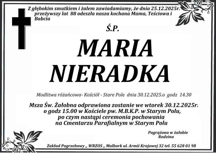 Zmarła Maria Nieradka. Miała 88 lat.