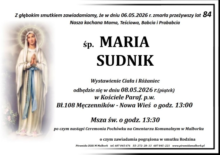 Zmarła Maria Sudnik. Miała 84 lata.