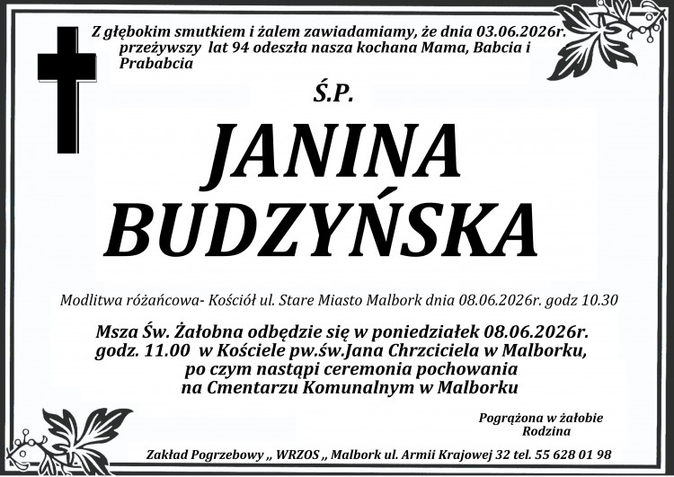 Zmarła Janina Budzyńska. Miała 94 lata.