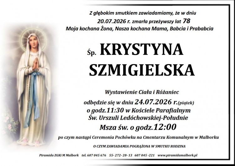 Zmarła Krystyna Szmigielska. Miała 78 lat.