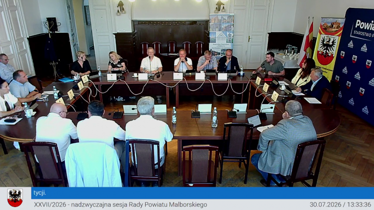 XXVII/2026 nadzwyczajna sesja Rady Powiatu Malborskiego 2026-07-30. Zobacz wideo