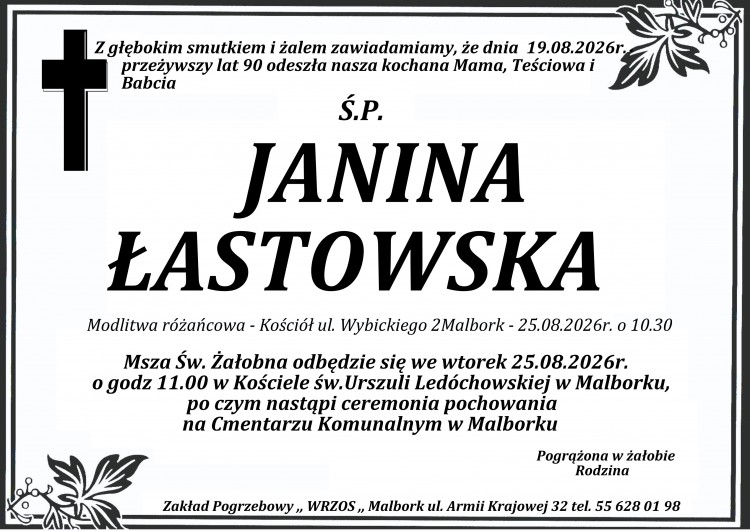 Zmarła Janina Łastowska. Miała 90 lat.