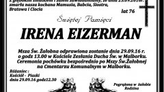 Zmarła Irena Eizerman. Żyła 76 lat.