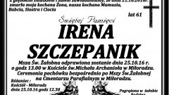 Zmarła Irena Szczepanik. Żyła 61 lat.