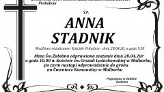 Zmarła Anna Stadnik. Żyła 89 lat.