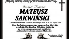 Zmarł Mateusz Sakwiński. Żył 29 lat.