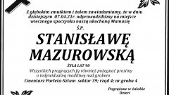 Zmarła Stanisława Mazurowska. Żyła 90 lat.