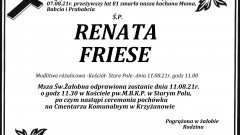 Zmarła Renata Friese. Żyła lat 81.