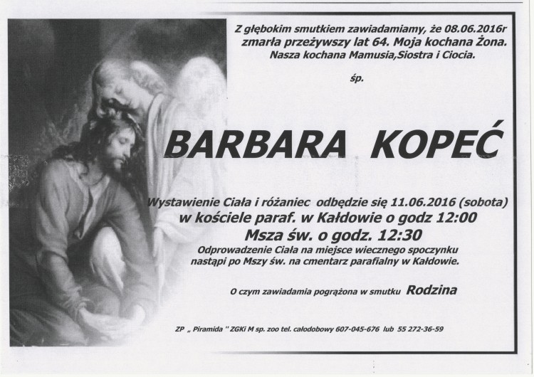 Zmarła Barbara Kopeć. Żyła 64 lata.