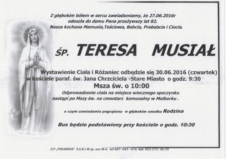 Zmarła Teresa Musiał. Żyła 82 lata.