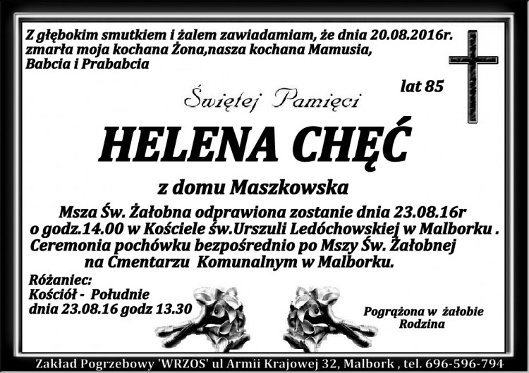 Zmarła Helena Chęć. Żyła 85 lat.