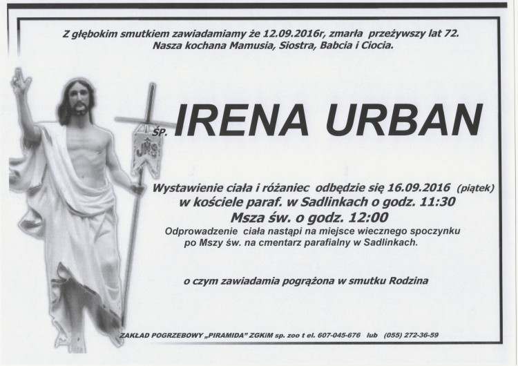 Zmarła Irena Urban. Żyła 72 lata.