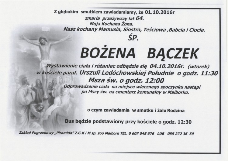 Zmarła Bożena Bączek. Żyła 64 lata.