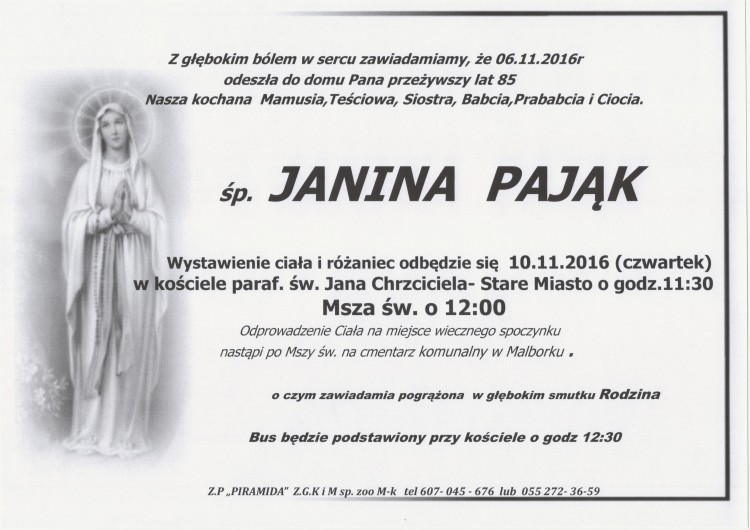 Zmarła Janina Pająk. Żyła 85 lat.