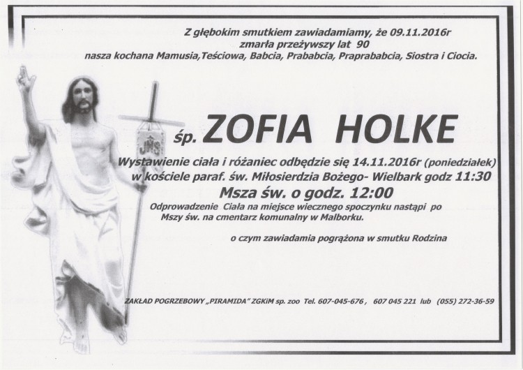 Zmarła Zofia Holke. Żyła 90 lat.