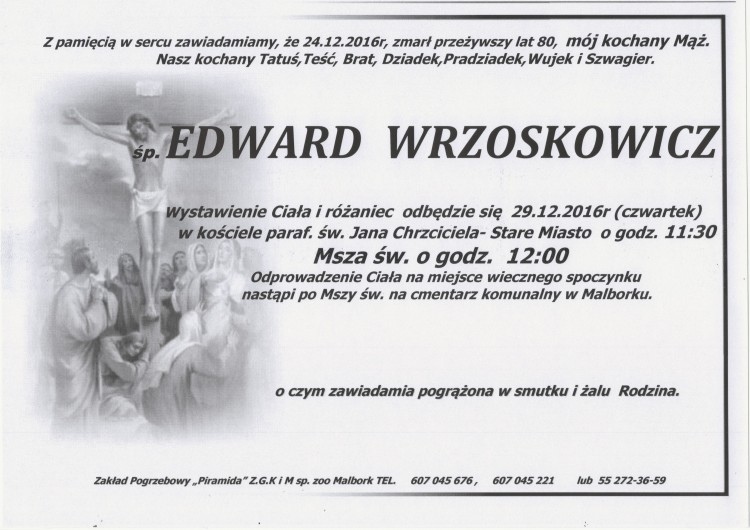 Zmarł Edward Wrzoskowicz. Żył 80 lat.