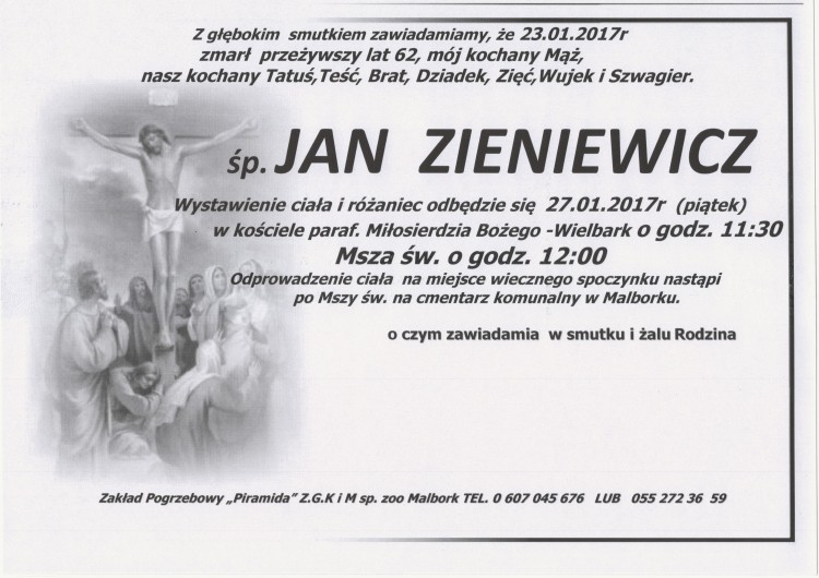 Zmarł Jan Zieniewicz. Żył 62 lata.