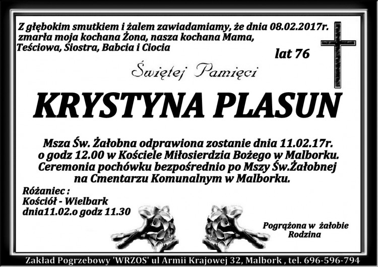 Zmarła Krystyna Plasun. Żyła 76 lat.