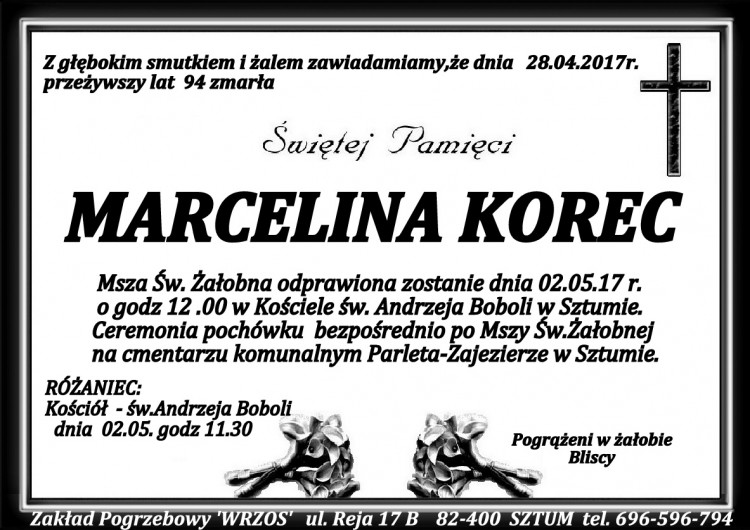 Zmarła Marcelina Korec. Żyła 94 lata.